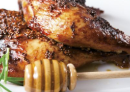 Poulet miel moutarde / polenta crèmeuse aux champignons // Moelleux marron