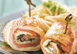 Saltimbocca volaille, jambon cru et fromage / Moelleux à la mangue