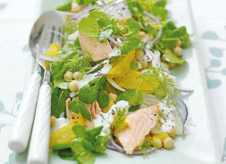 Salade fenouil - orange, saumon au four / panna cotta fruit de la passion